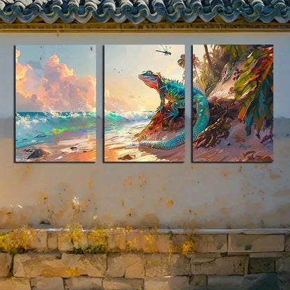 3pcs Vibrant Ocean Sunset Lizard Metal Print Ready to Hang Art