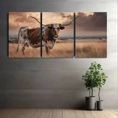 3pcs Longhorn Bull in Open Field Artwork Metal Print Ready to Hang Art