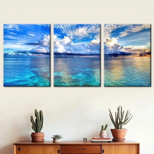 3pcs Blue Sky And White Clouds Sunny Perfect Wall Art Set Canvas Framed 40x60cm - High Quality Print 100% Australian Made Wall Canvas Ready to Hang