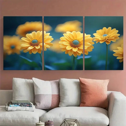 3pcs Bright Yellow Dahlberg Daisy Flower Design Wall Art Set Canvas Framed 50x70cm - High Quality Print 100% Australian Made Wall Canvas Ready to Hang