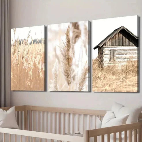3pcs Rustic House & Reed Fields Landscape Wall Art Canvas Unframed - High Quality Print 100% Australian Made Wall Canvas