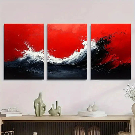 3pcs Modern Abstract Red and Black Wave Metal Print Ready to Hang Art