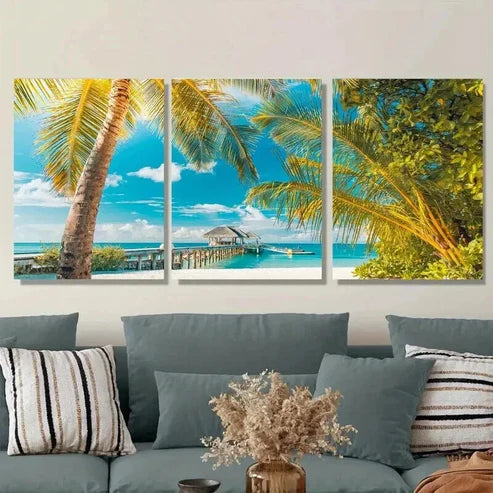 3pcs Beach Paradise Triptych Tropical Ocean Wall Art Set Canvas Unframed - High Quality Print 100% Australian Made Wall Canvas