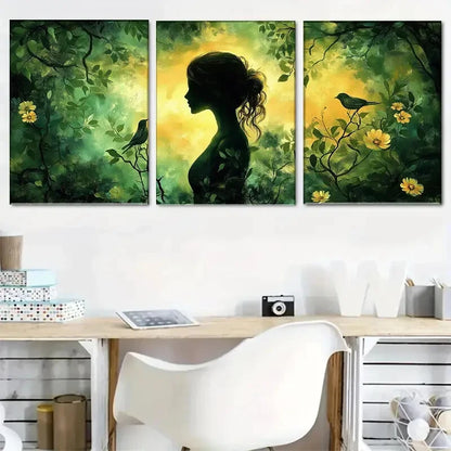 3pcs Mysterious Woman in Green Forest Perfect Wall Art Set Canvas Framed 40x60cm - High Quality Print 100% Australian Made Wall Canvas Ready to Hang