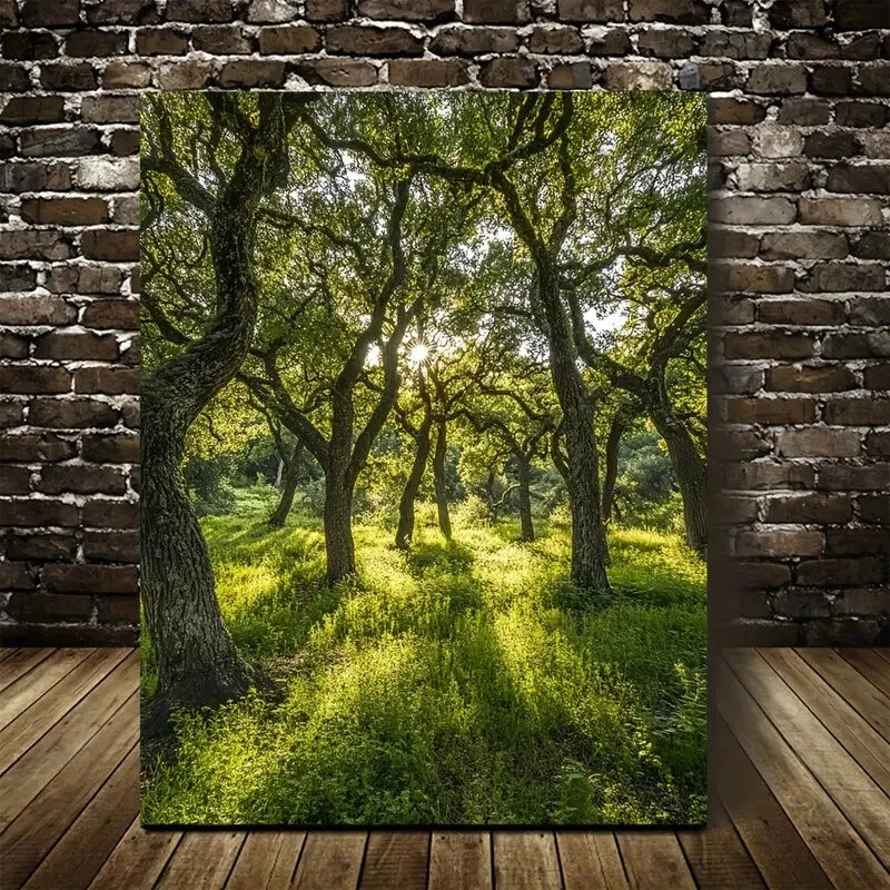 Lush Oak Forest Scene with Sunlit Trees Painting 40x60cm Metal Print Ready to Hang