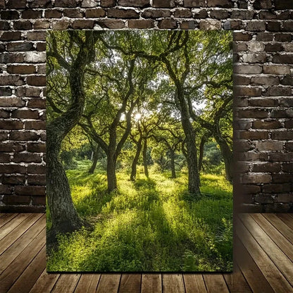 Lush Oak Forest Scene with Sunlit Trees Painting 40x60cm Metal Print Ready to Hang