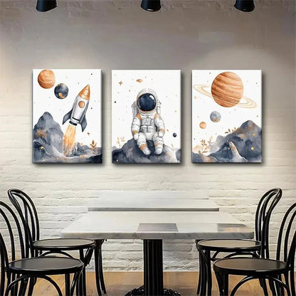 3pcs Astronaut Space Whimsical Space Perfect Wall Art Set Canvas Framed 40x60cm - High Quality Print 100% Australian Made Wall Canvas Ready to Hang