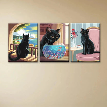 3pcs Black Cat Oil Painting Murals Metal Print Ready to Hang Art