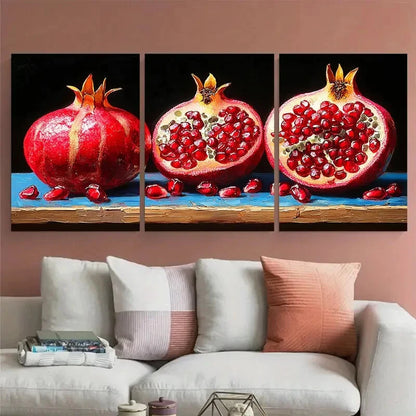 3pcs Still Life Pomegranate on Blue Background Metal Print Ready to Hang Art