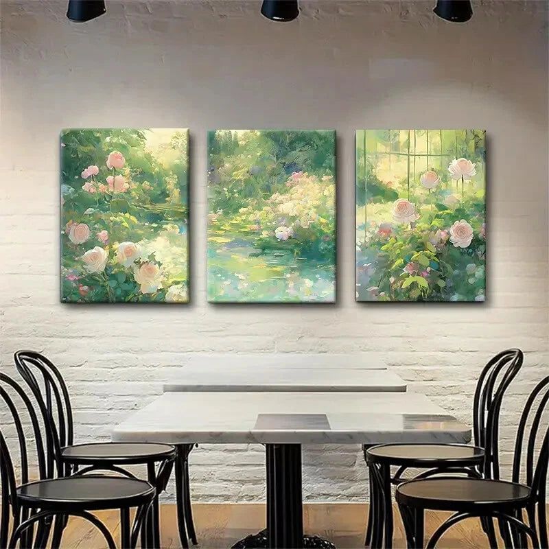 3pcs Serene Garden Rose Lush Greenery Perfect Wall Art Set Canvas Framed 40x60cm - High Quality Print 100% Australian Made Wall Canvas Ready to Hang
