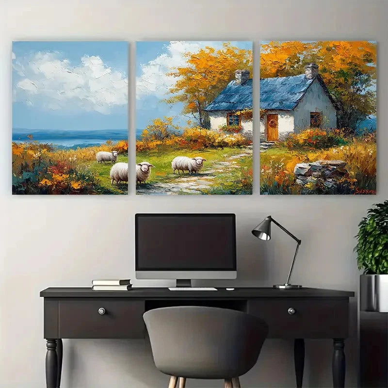 3pcs Cozy Country Home Sheep and Cottage Landscape Metal Print Ready to Hang Art