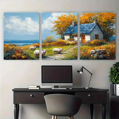 3pcs Cozy Country Home Sheep and Cottage Landscape Metal Print Ready to Hang Art