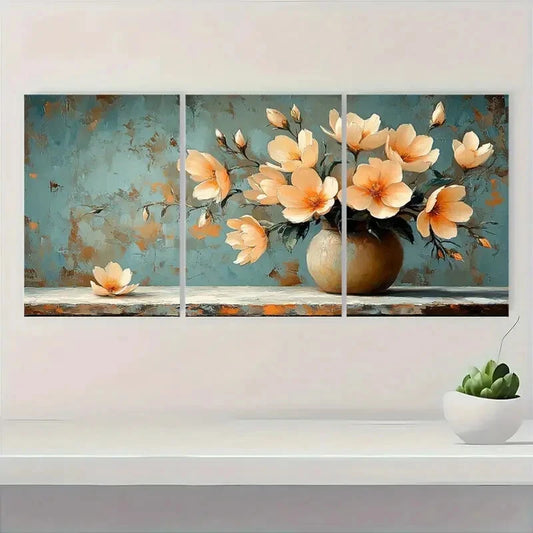 3pcs Elegant Beige Freesia Floral Teal Background Metal Print Ready to Hang Art