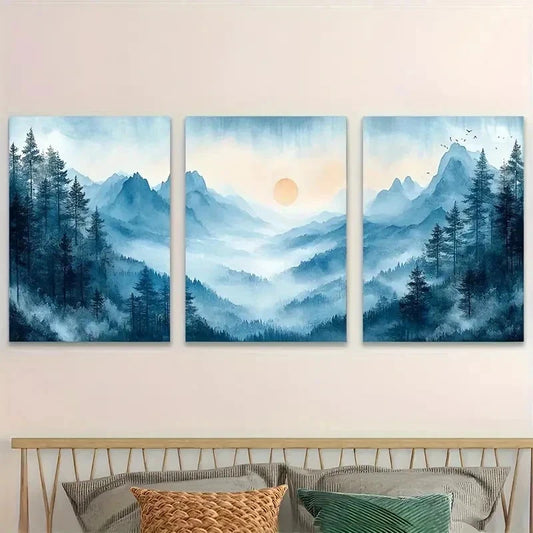 3pcs Japanese Misty Mountains With Sunrise Wall Art Set Canvas Framed 50x70cm - High Quality Print 100% Australian Made Wall Canvas Ready to Hang