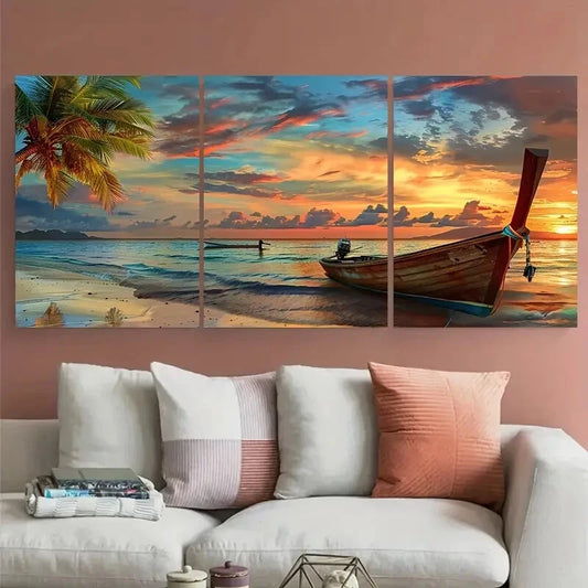 3pcs Sunset on the Beach with Palm Tree & Old Boat Metal Print Ready to Hang Art