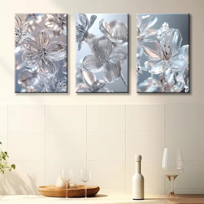 3pcs Clear glass crystal flowers Wall Art Set Canvas Framed 50x70cm - High Quality Print 100% Australian Made Wall Canvas Ready to Hang