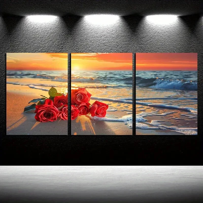 3pcs Vibrant Rose on the Seashore Design Metal Print Ready to Hang Art