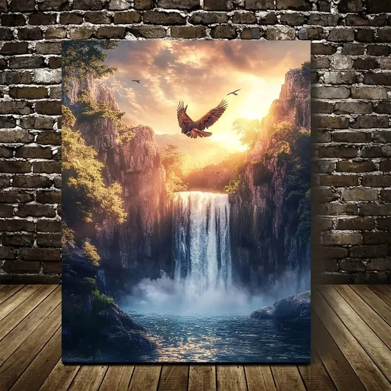 Eagle Jumping Joyfully Near Crystal Clear Waterfall 40x60cm Metal Print Ready to Hang