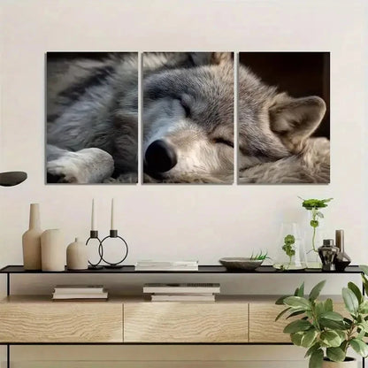 3pcs Gray Wolf Sleeping on Its Back Wall Art Metal Print Ready to Hang Art
