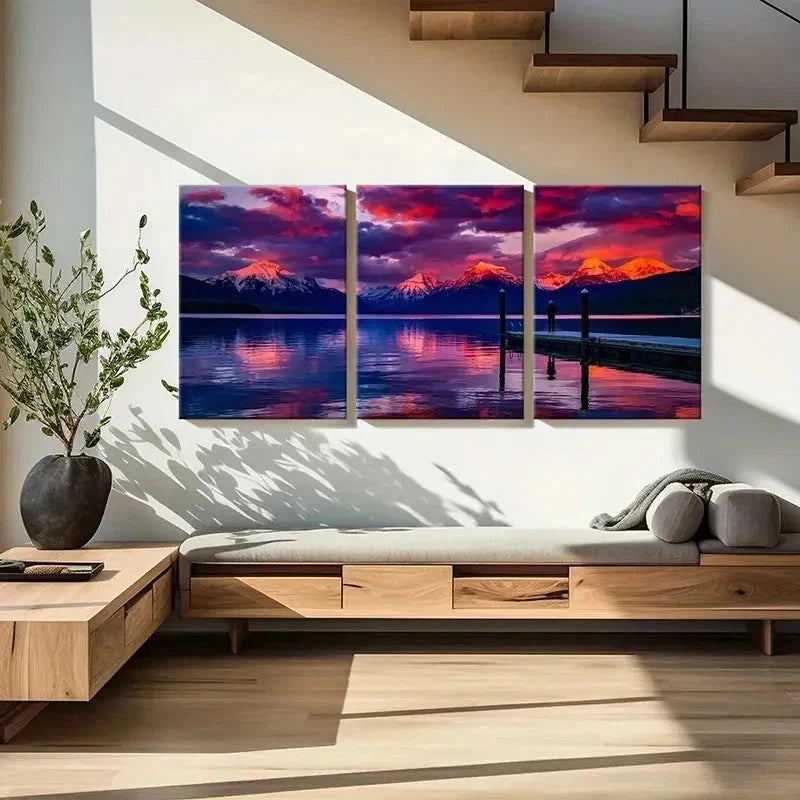 3pcs Snow Mountain Lake at Sunset Wall Art Set Canvas Framed 40x60cm - High Quality Print 100% Australian Made Wall Canvas Ready to Hang