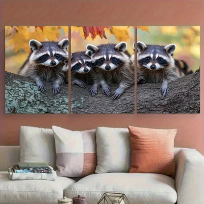 3pcs Raccoons in Maple Tree Animal Photography Metal Print Ready to Hang Art
