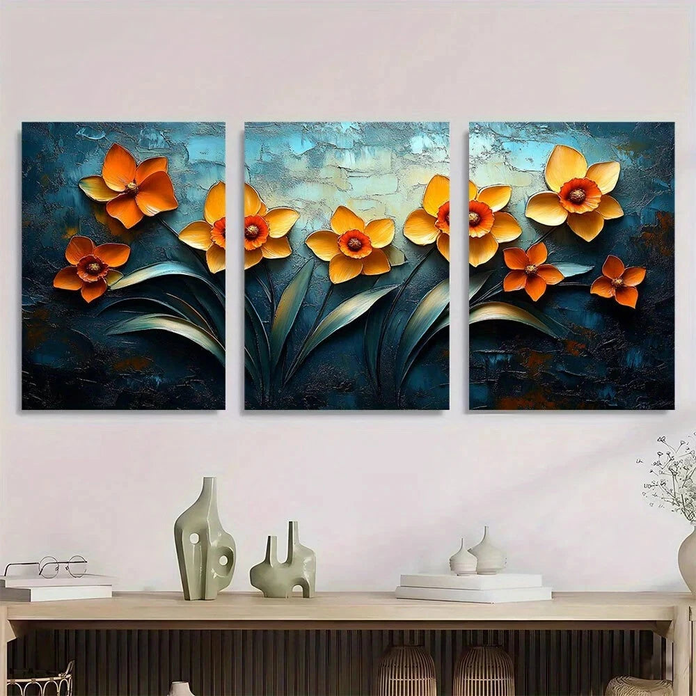 3pcs Vibrant Abstract Daffodil Modern Floral Metal Print Ready to Hang Art