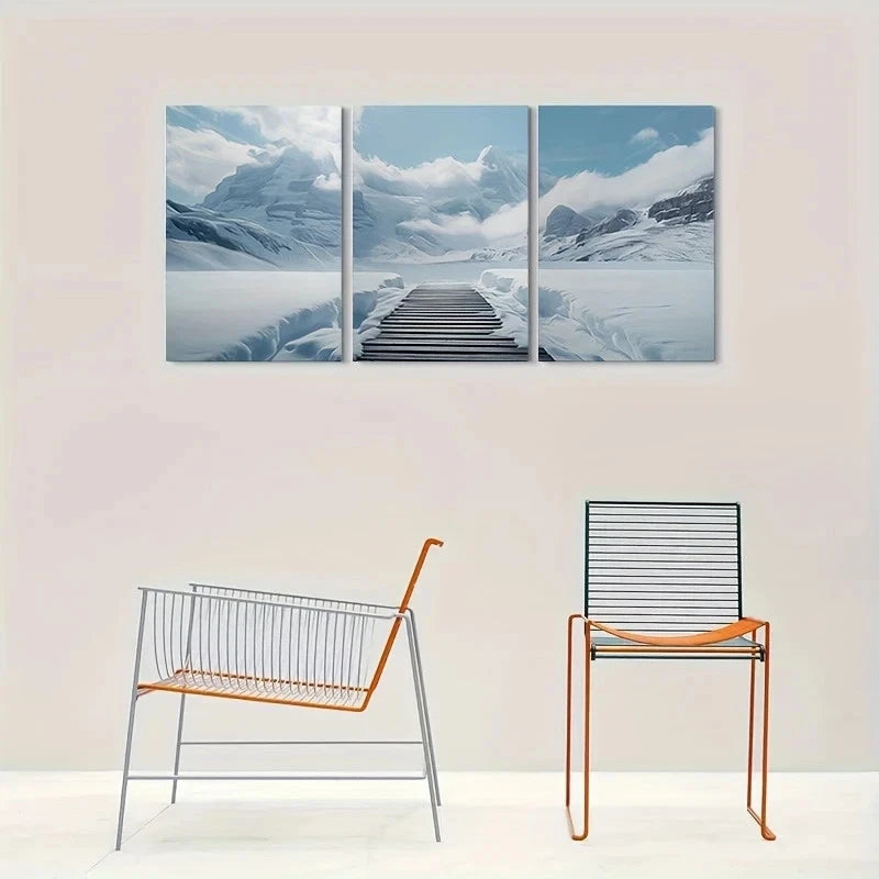 3pcs Snowy Mountain Path Winter Nature Metal Print Ready to Hang Art