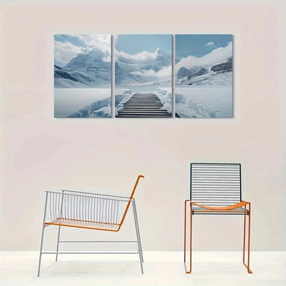 3pcs Snowy Mountain Path Winter Nature Metal Print Ready to Hang Art
