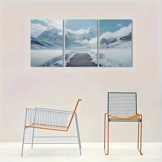 3pcs Snowy Mountain Path Winter Nature Metal Print Ready to Hang Art