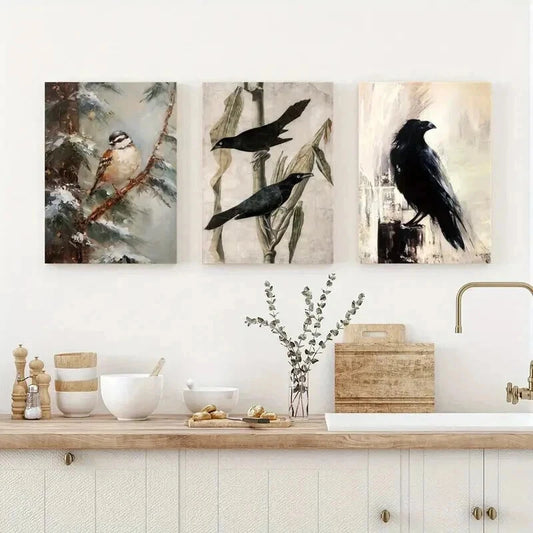 3pcs Vintage Style Crow and Corn Stalk Wall Art Set Canvas Framed 40x60cm - High Quality Print 100% Australian Made Wall Canvas Ready to Hang