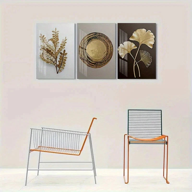 3pcs Modern Abstract Golden Leaf Metal Print Ready to Hang Art