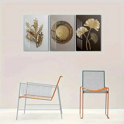 3pcs Modern Abstract Golden Leaf Metal Print Ready to Hang Art