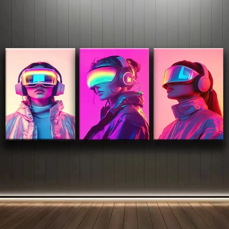 3pcs Cyberpunk Woman With VR Glasses Wall Art Set Canvas Framed 50x70cm - High Quality Print 100% Australian Made Wall Canvas Ready to Hang