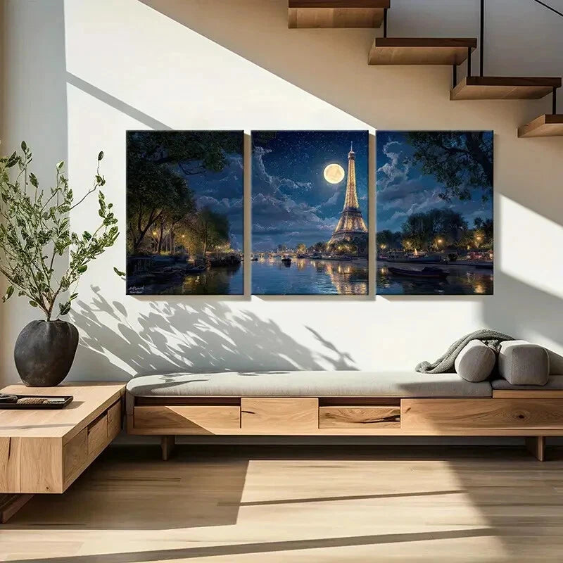 3pcs Romantic Eiffel Tower Paris Night Full Moon Metal Print Ready to Hang Art