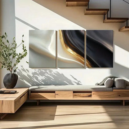 3pcs Abstract Silk Flow Golden Lines Black White Metal Print Ready to Hang Art