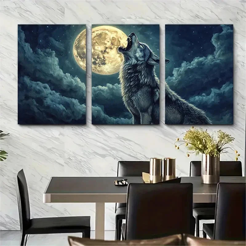 3pcs Howling Wolf Painting Dark Fantasy SI Wall Art Set Canvas Framed 50x70cm - High Quality Print 100% Australian Made Wall Canvas Ready to Hang