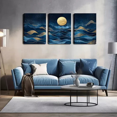 3pcs Blue Abstract Mountain And Moon Wall Art Canvas Unframed - High Quality Print 100% Australian Made Wall Canvas
