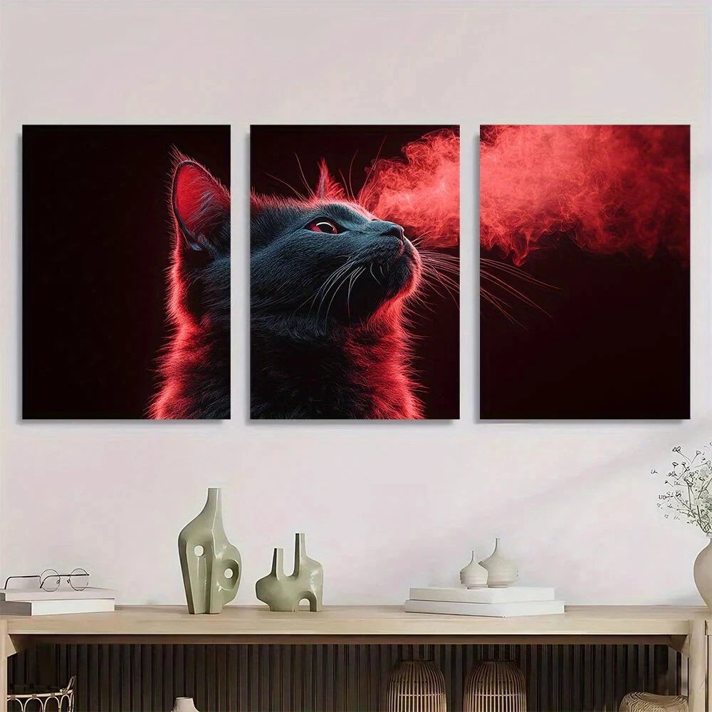 3pcs Vibrant Black Cat Red Abstract Animal Metal Print Ready to Hang Art