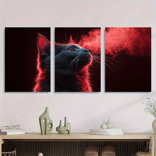 3pcs Vibrant Black Cat Red Abstract Animal Metal Print Ready to Hang Art