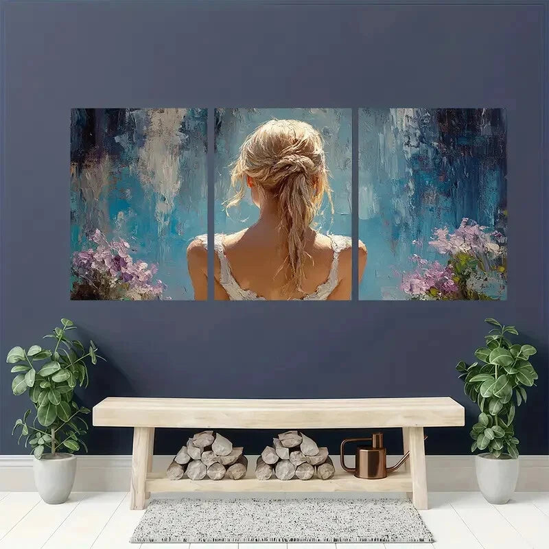 3pcs Elegant Blonde Ballerina in Blue & Pink Metal Print Ready to Hang Art