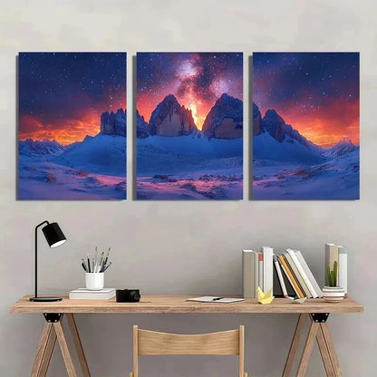 3pcs Starry Sky and Snow Capped Mountains Wall Art Set Canvas Framed 40x60cm - High Quality Print 100% Australian Made Wall Canvas Ready to Hang