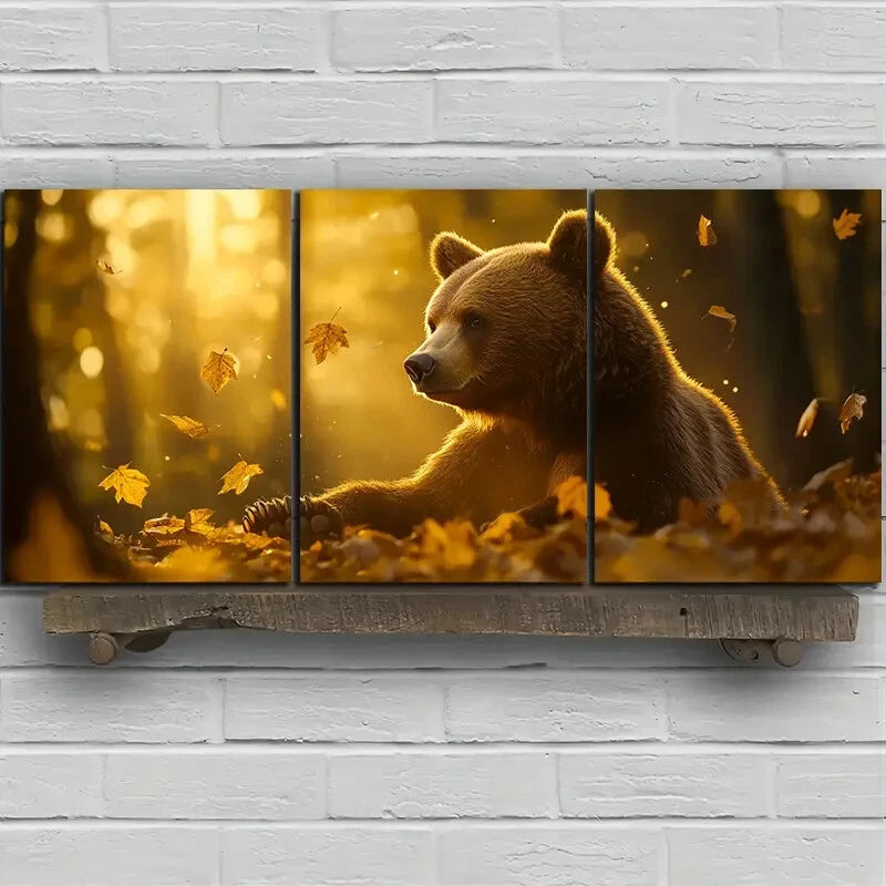 3pcs Bears in the Forest Golden Leaves Metal Print Ready to Hang Art