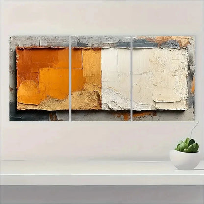 3pcs Brown and Beige Geometric Abstract Texture Metal Print Ready to Hang Art