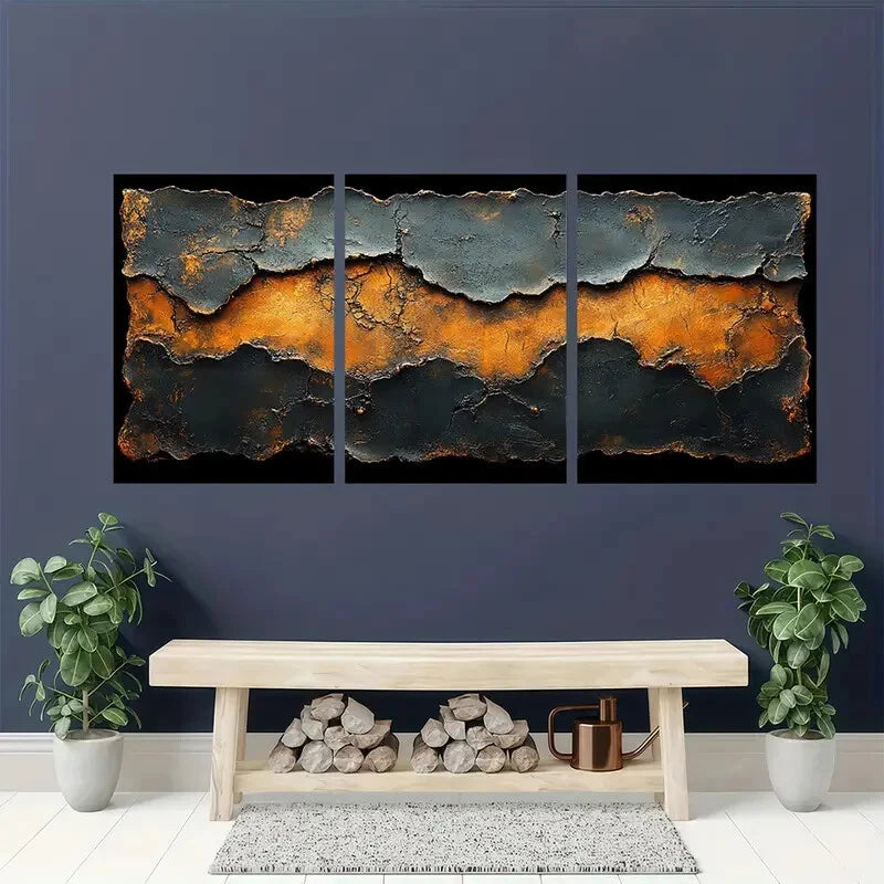 3pcs Brown and Black Abstract Painting Metal Print Ready to Hang Art