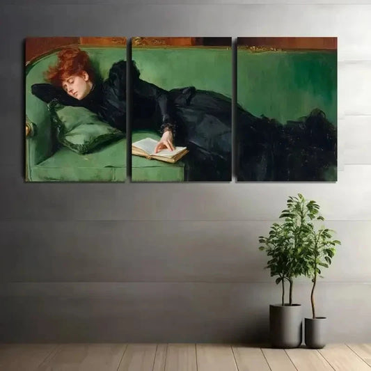 3pcs Woman in Black Reading on Green Sofa Metal Print Ready to Hang Art