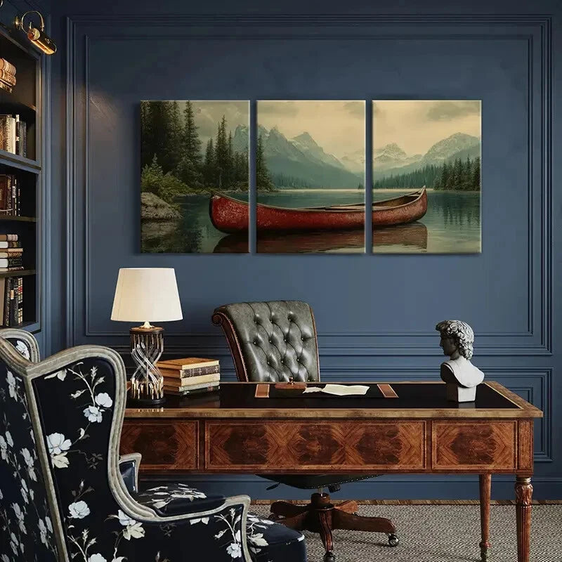 3pcs Red Canoe Majestic Mountains Serene Lake Metal Print Ready to Hang Art