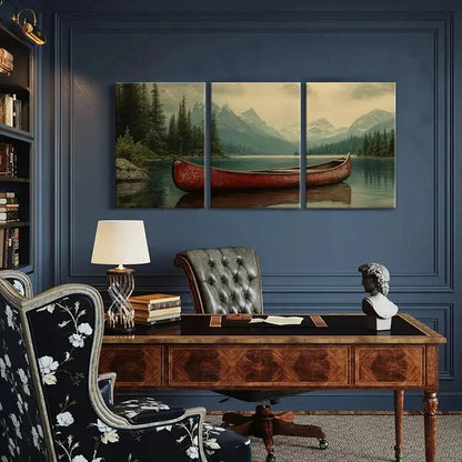 3pcs Red Canoe Majestic Mountains Serene Lake Metal Print Ready to Hang Art