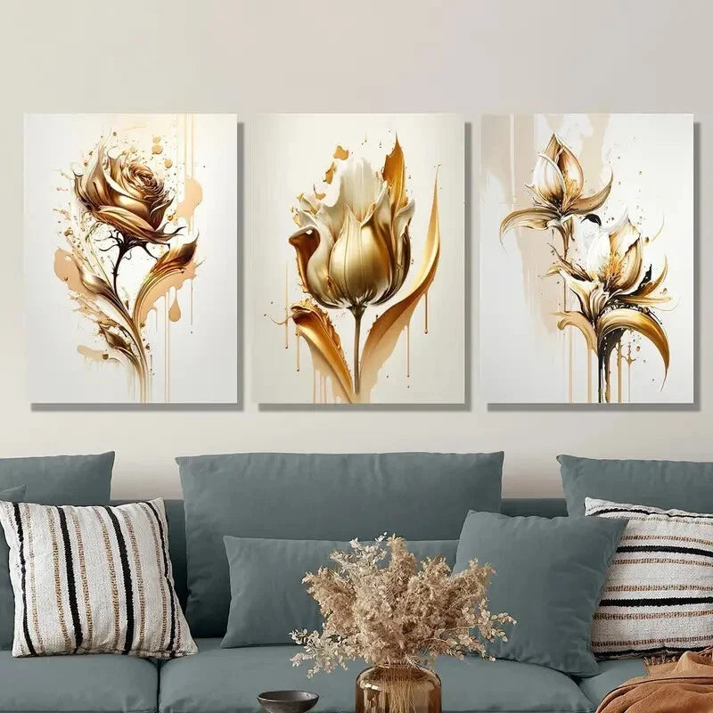 3pcs Golden floral art poster, golden rose Metal Print Ready to Hang Art