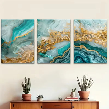 3pcs Featuring Turquoise And Golden Marble Metal Print Ready to Hang Art