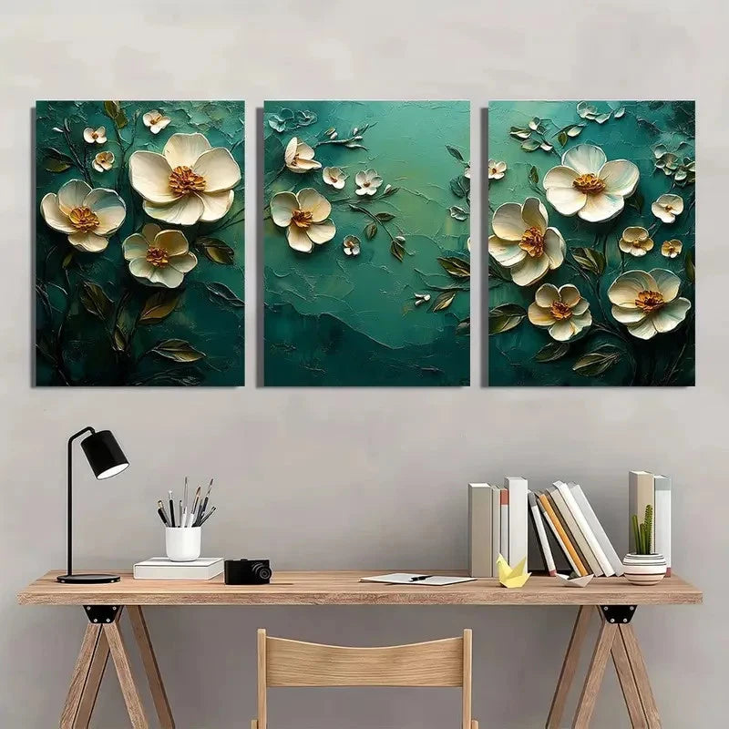 3pcs Abstract Floral Textured Art Green White Wall Art Set Canvas Framed 40x60cm - High Quality Print 100% Australian Made Wall Canvas Ready to Hang